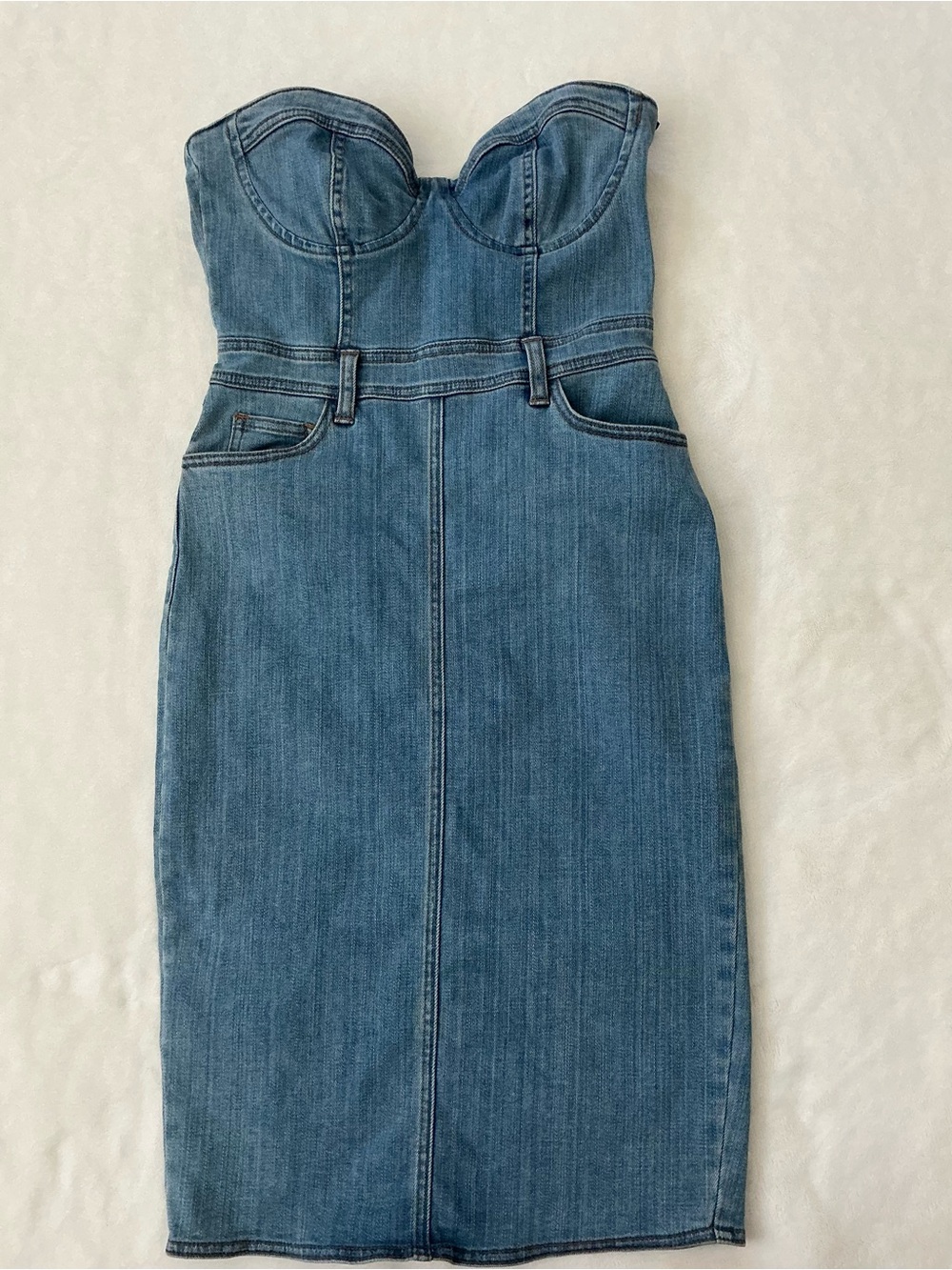 Bardot Strapless Denim Bustier Midi Dress Blue